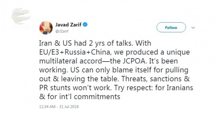 Зариф Трамга қарата санкция ва таҳдид билан мақсадга эришиб бўлмаслигини айтди