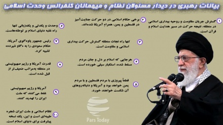 رهبر معظم انقلاب : وحدت و یکدلی و یک‌زبانی تنها راه غلبه دنیای اسلام بر توطئه‌ها 
