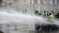 フランスで、警察が抗議者に暴力行為