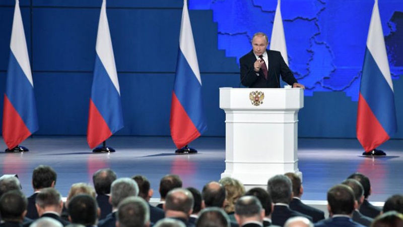 Presiden Putin berpidato di hadapan Majelis Federal Rusia di Moskow, 20 Februari 2019.