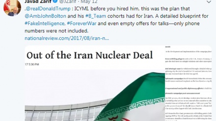 イラン外相、「米大統領補佐官率いるＢチームのメンバーの半分はイラク戦争という犯罪に加担」