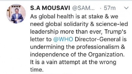 穆萨维：特朗普给世界卫生组织的信是错误时间错误的行径