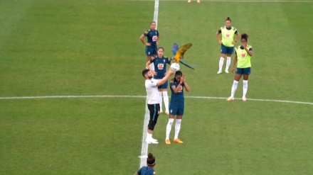 ブラジル女子サッカー代表チームの練習中に珍事、オウムが選手の肩にとまる（動画）