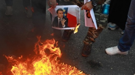 Palestinos queman bandera de Francia y fotos de Macron en Cisjordania(Video+Fotos)