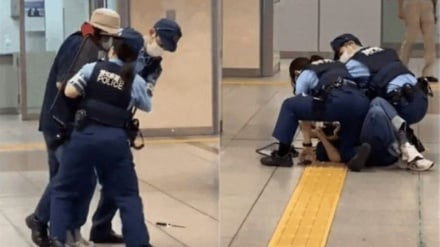 日本の女性警官のたくましさが爆発的反応、大型刃物携帯の男を瞬時に制圧