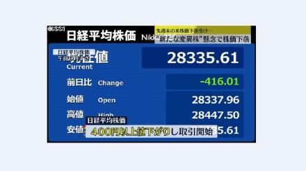 東京株式市場で株価が値下がり