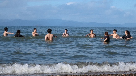 滋賀・琵琶湖で空手の寒稽古が実施、腰までつかり突きや蹴りを練習