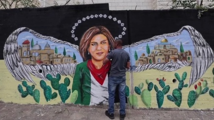 ガザ市内に、イスラエル軍の銃撃で殉教したアルジャジーラ女性記者の肖像画が登場