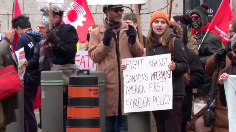 Canadians rally outside US embassy in Ottawa to protest Biden's visit 