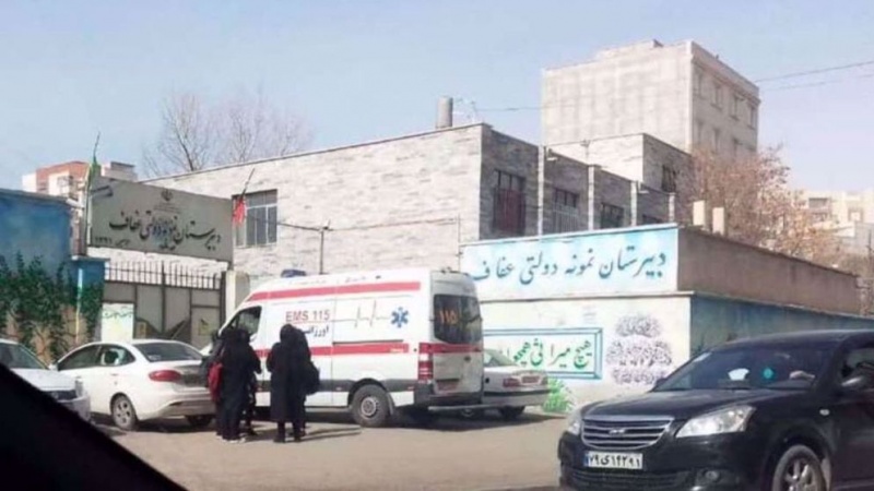 The photo shows an ambulance outside Efaf high school in the Iranian city of Ardebil, on March 1, 2023.