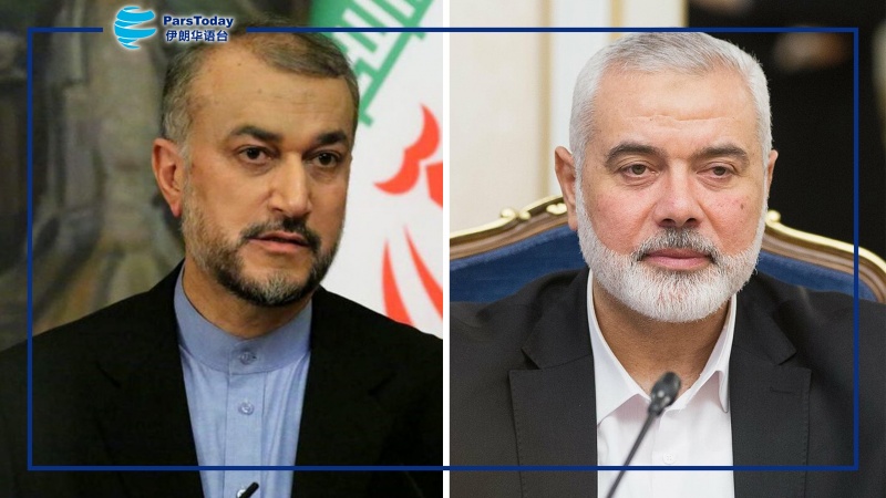 伊朗外交部长侯赛因·阿米尔·阿卜杜拉希扬和巴勒斯坦伊斯兰抵抗运动（哈马斯）政治办公室主任埃斯梅尔·