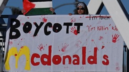 抵制麦当劳连锁公司的海报抗议对加沙地带巴勒斯坦人进行种族灭绝 
