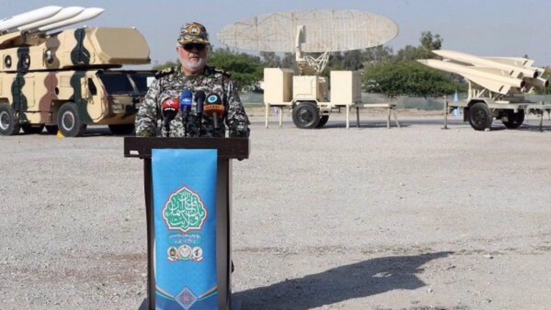 Brigadier General Ghader Rahimzadeh, Commander of Khatam al-Anbia Air Defense Base, makes an address during the beginning of the  drills.