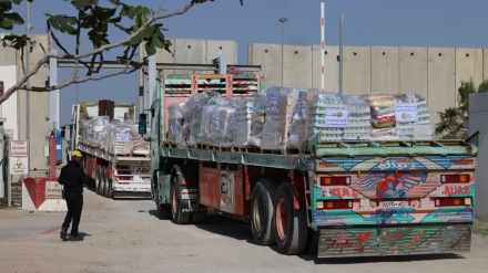 Gazans rush towards aid trucks carrying flour and canned food in Gaza City