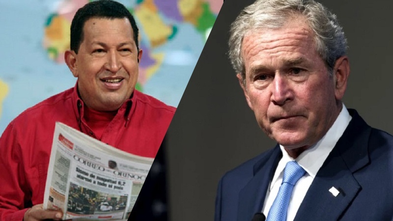 Foto Presiden Venezuela Hugo Chavez (kiri) dan Presiden AS Bush.