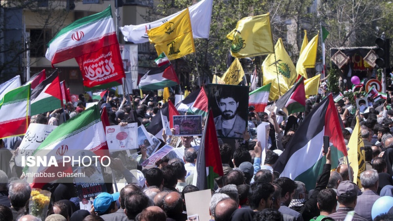 Marshi i Ditës Botërore të Kudsit në Iran dhe dhënia e lamtumirës së fundit dëshmorëve të sulmit terrorist të regjimit sionist/Foto