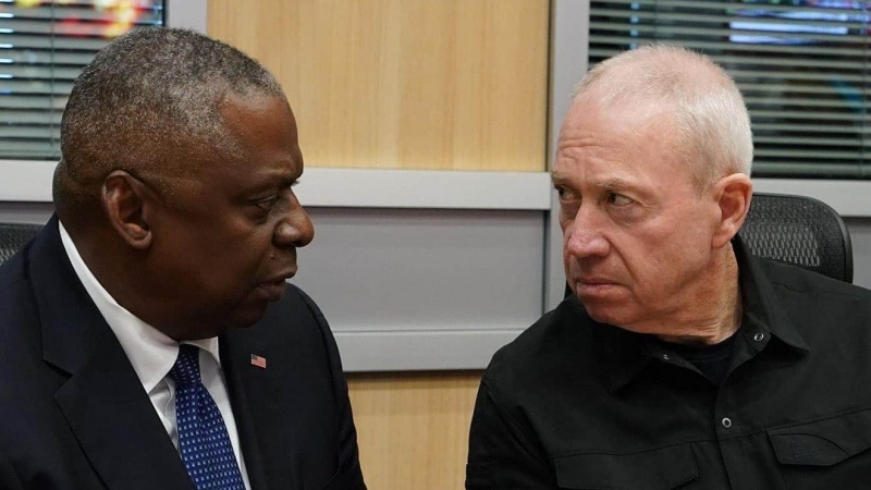 US Defense Secretary, Lloyd Austin (left) visits with Israeli War Minister, Yoav Gallant, in the Occupied Palestine on October 13, 2023.