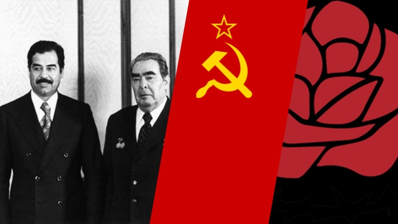 از سمت راست: لوگوی حزب توده ایران، پرچم شوروی، صدام حسین حاکم عراق در کنار برژنف دبیر کل حزب کمونیست اتحاد جماهیر شوروی