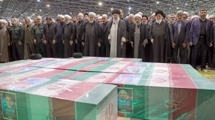 Imam Khamenei performs funeral prayer for Martyr Raeisi, his companions