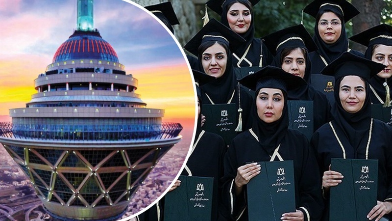 医科大学を卒業したイランの大学生たち（右）とテヘランのミーラードタワー（左）