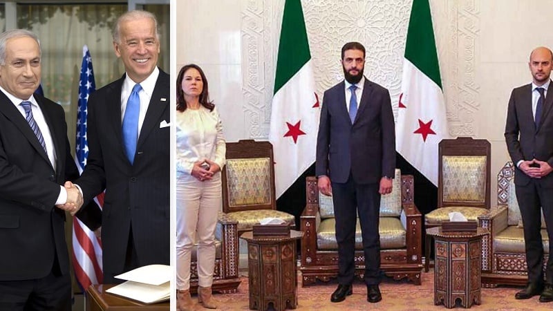 Right image: Meeting of the foreign ministers of Germany and France with al-Jolani - Left image: Biden and Netanyahu.