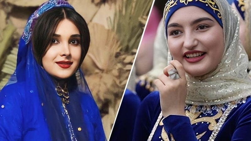 ডানে: রাশিয়ান চেচেন মহিলা, বামে: কাশকাই পোশাক পরা ইরানি মহিলা।