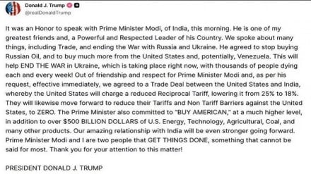 Trump: Hindistan ile Rusya’dan petrol almaması konusunda anlaştık