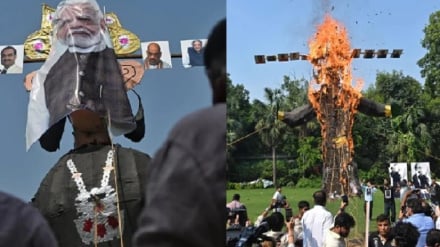 মোদির ছবি লাগিয়ে রাবণের কুশপুত্তলিকা দাহ করলেন বিক্ষোভকারীরা